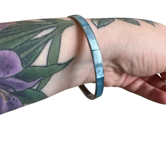 Bangle Bracelet. Silver Toned and Blue Mother of Pearl. - Picture 3 of 9